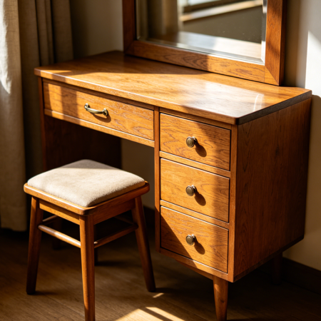 Compact Vanity with Stool and Three Small Drawers